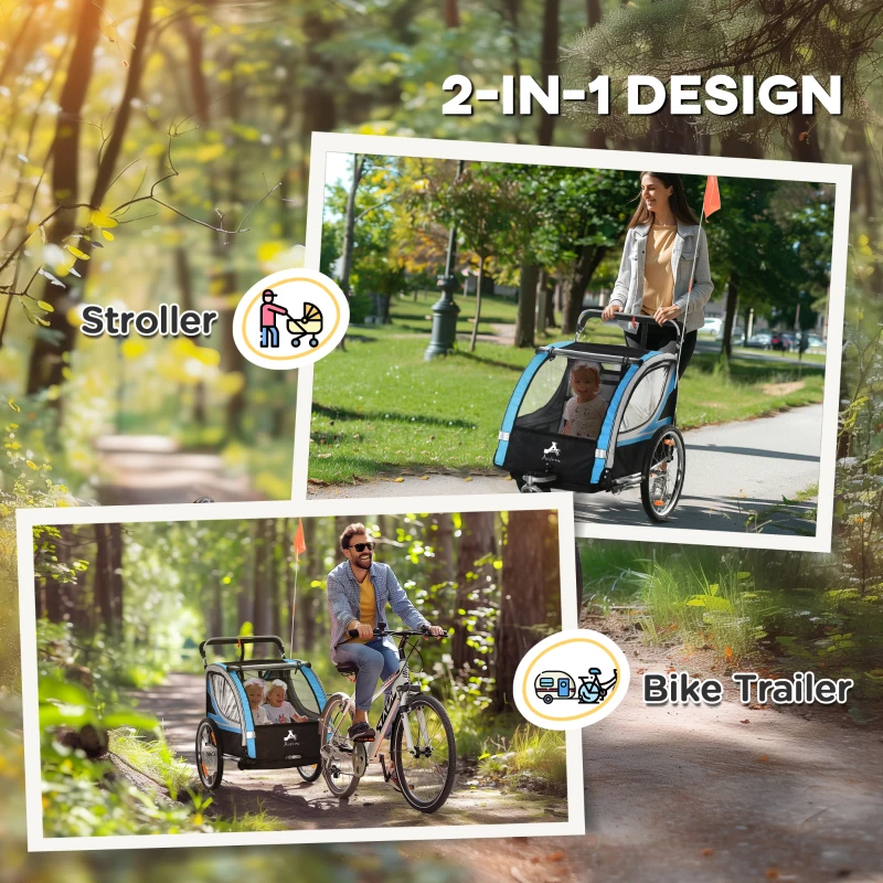 Aosom 2 Seat Bike Trailer for Kids 2-in-1 Double Baby Jogging Stroller with Handbrake, Rubber Wheels, 5 Point Harness, Waterproof Cover, Storage Bag, Reflectors, Blue