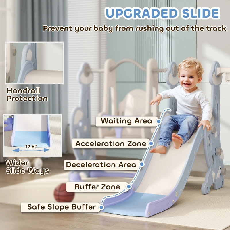 Qaba 4 in 1 Toddler Slide and Swing Set for Ages 1.5-4, Toddler Playset Playground with Climber, Basketball Hoop, Light Blue