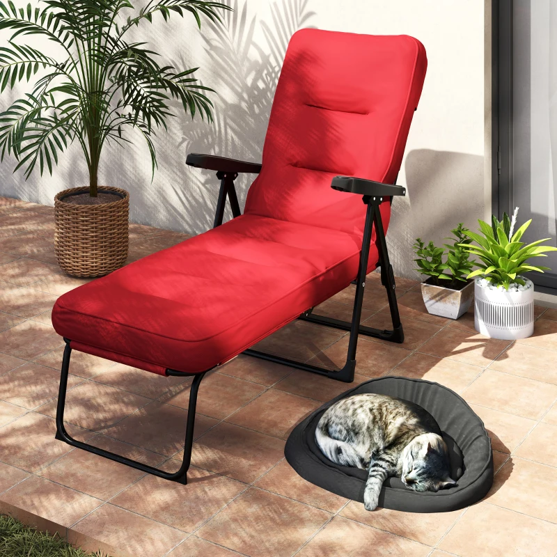 Outsunny Folding Outdoor Lounge Chair with Cushion, Adjustable Backrest, Reclining Patio Garden Chair with Footrest, Wine Red