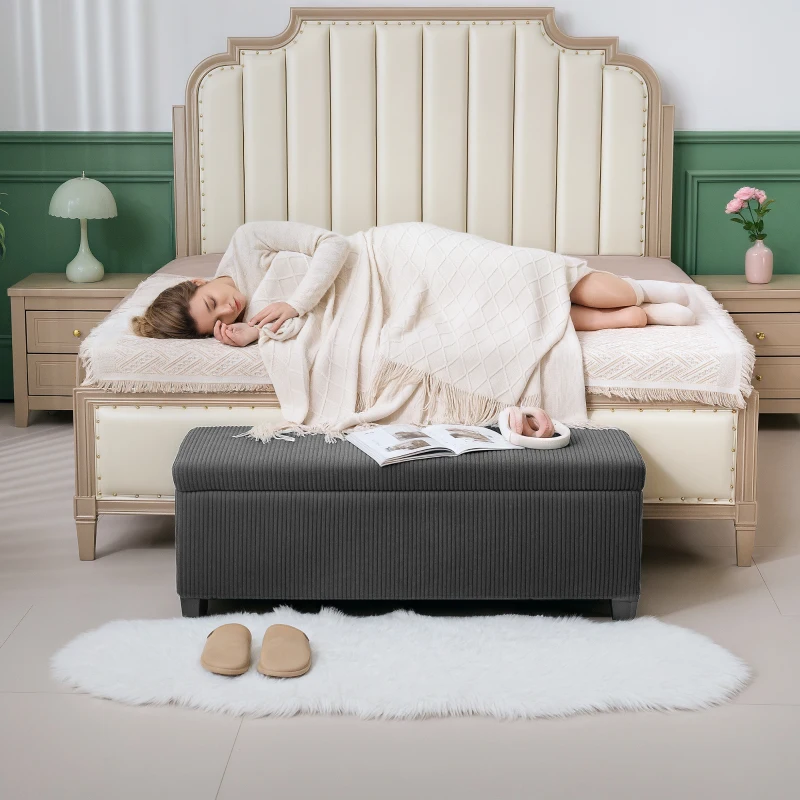 HOMCOM 44 Inches Ottoman with Storage, Lid, Legs, Corduroy End of Bed Bench for Living Room, Bedroom, Entryway, Gray