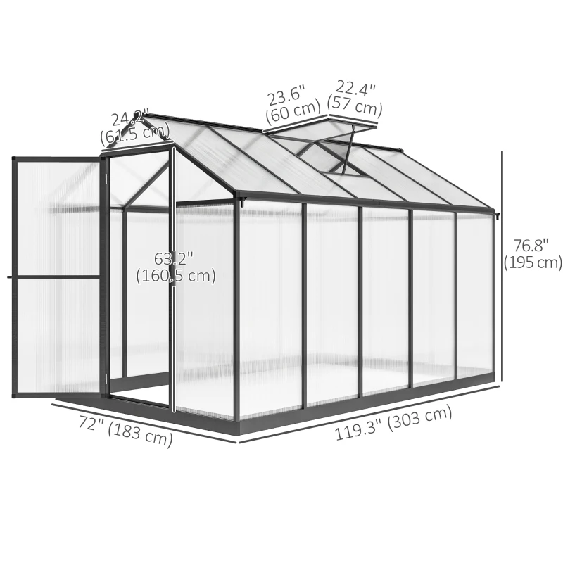 Outsunny 6' x 10' x 6.4' Polycarbonate Greenhouse, Aluminum Walk-In Green House Kit Garden, Plants Grow with Rain Gutter and Roof Vent, Charcoal Grey