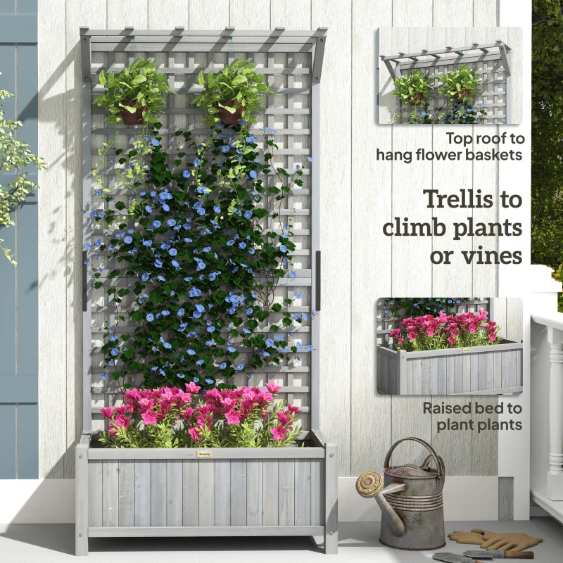 Outsunny Wood Planter with Trellis for Vine Climbing, Raised Garden Bed, Privacy Screen for Backyard, Patio, Deck, Dark Grey