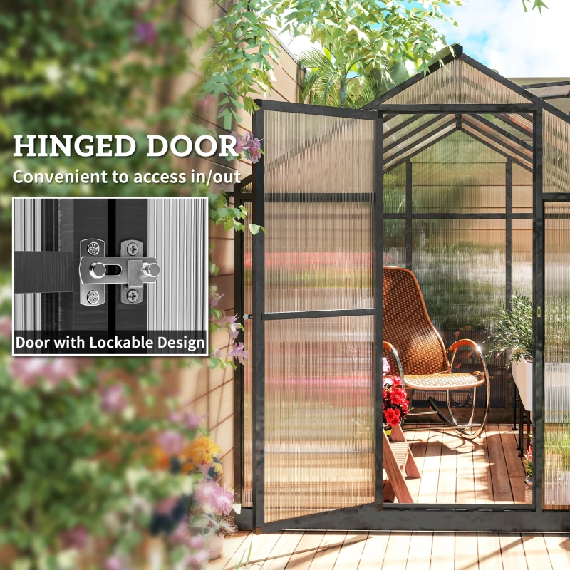 Outsunny 6' x 10' x 6.4' Polycarbonate Greenhouse, Aluminum Walk-In Green House Kit Garden, Plants Grow with Rain Gutter and Roof Vent, Charcoal Grey