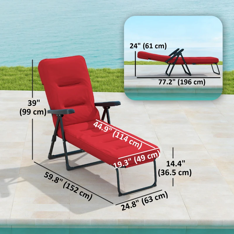 Outsunny Folding Outdoor Lounge Chair with Cushion, Adjustable Backrest, Reclining Patio Garden Chair with Footrest, Wine Red