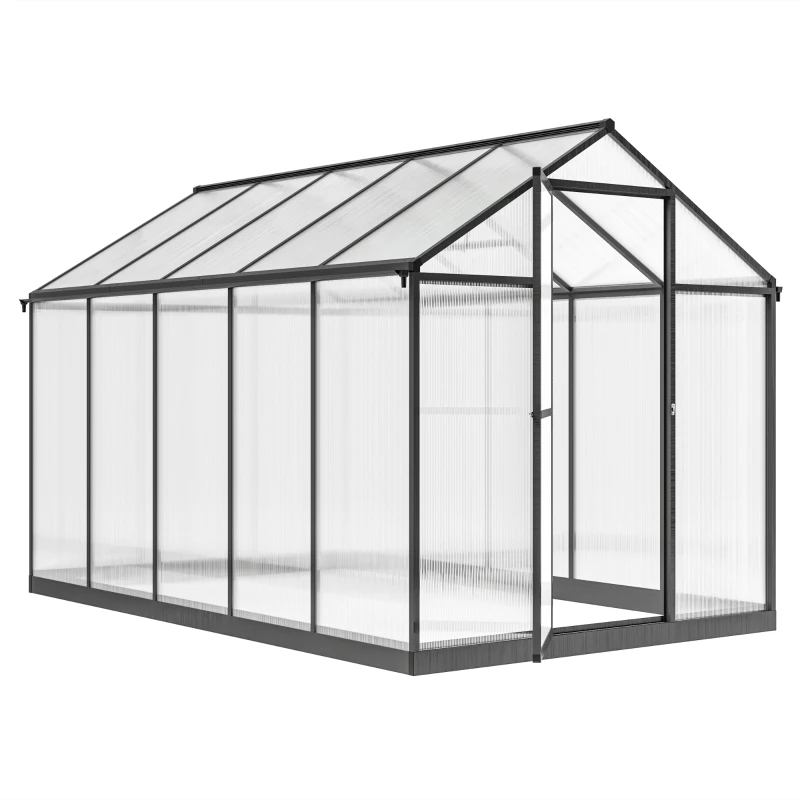 Outsunny 6' x 10' x 6.4' Polycarbonate Greenhouse, Aluminum Walk-In Green House Kit Garden, Plants Grow with Rain Gutter and Roof Vent, Charcoal Grey