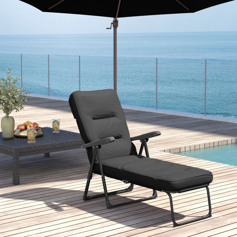 Outsunny Folding Outdoor Lounge Chair with Cushion, Adjustable Backrest, Reclining Patio Garden Chair with Footrest, Black