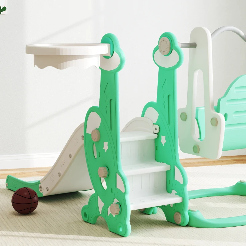 Qaba 4 in 1 Toddler Slide and Swing Set for Ages 1.5-4, Toddler Playset Playground with Climber, Basketball Hoop, Green