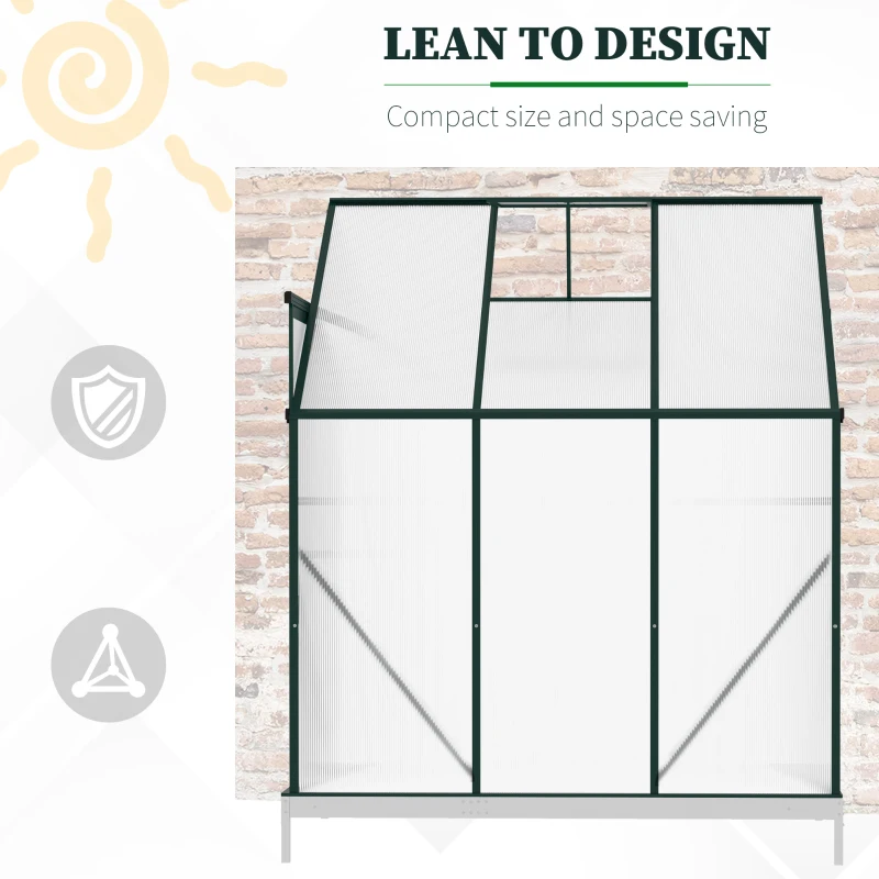Outsunny Lean-to Greenhouse Walk-in Garden Aluminum Polycarbonate with Roof Vent for Plants Herbs Vegetables 6' x 4' x 7' Green
