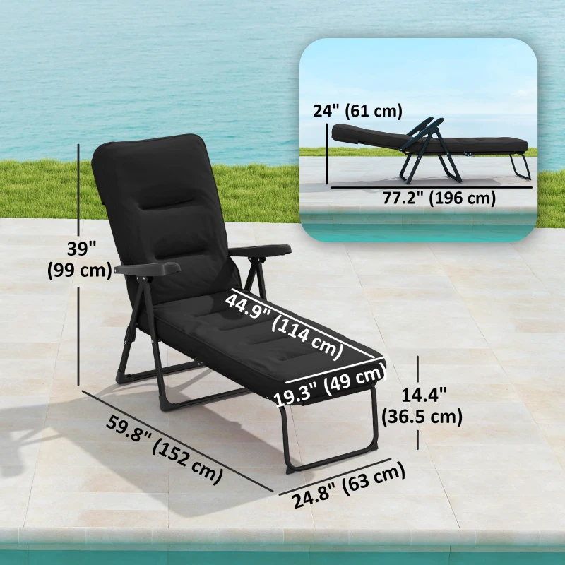 Outsunny Folding Outdoor Lounge Chair with Cushion, Adjustable Backrest, Reclining Patio Garden Chair with Footrest, Black