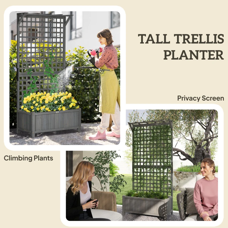 Outsunny Wood Planter with Trellis for Vine Climbing, Raised Garden Bed, Privacy Screen for Backyard, Patio, Deck, Dark Grey