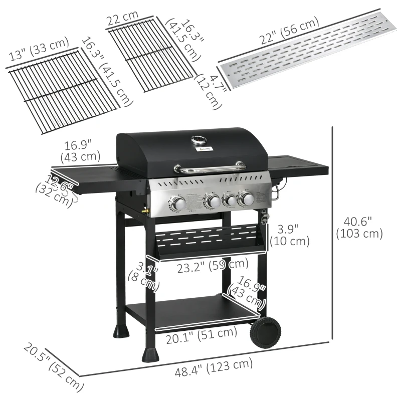 Outsunny 38,000 BTU Propane Gas Grill BBQ Cart with 3 Main Burners, 1 Side Burner, with Warming Rack, Side Prep Tables, Black