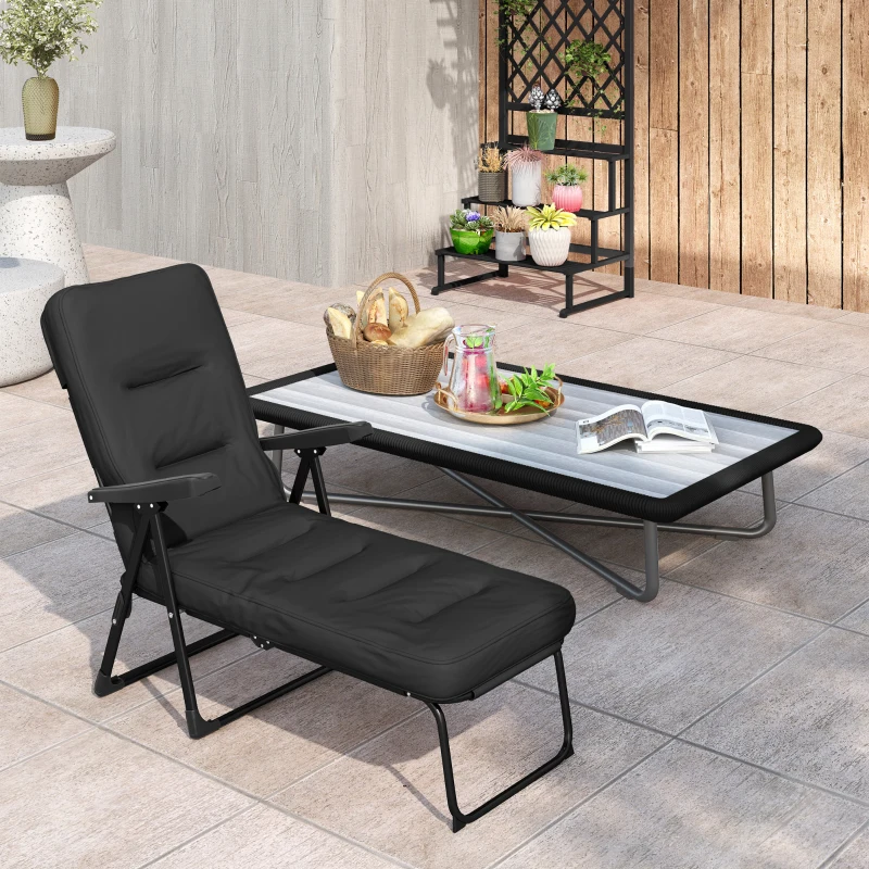 Outsunny Folding Outdoor Lounge Chair with Cushion, Adjustable Backrest, Reclining Patio Garden Chair with Footrest, Black