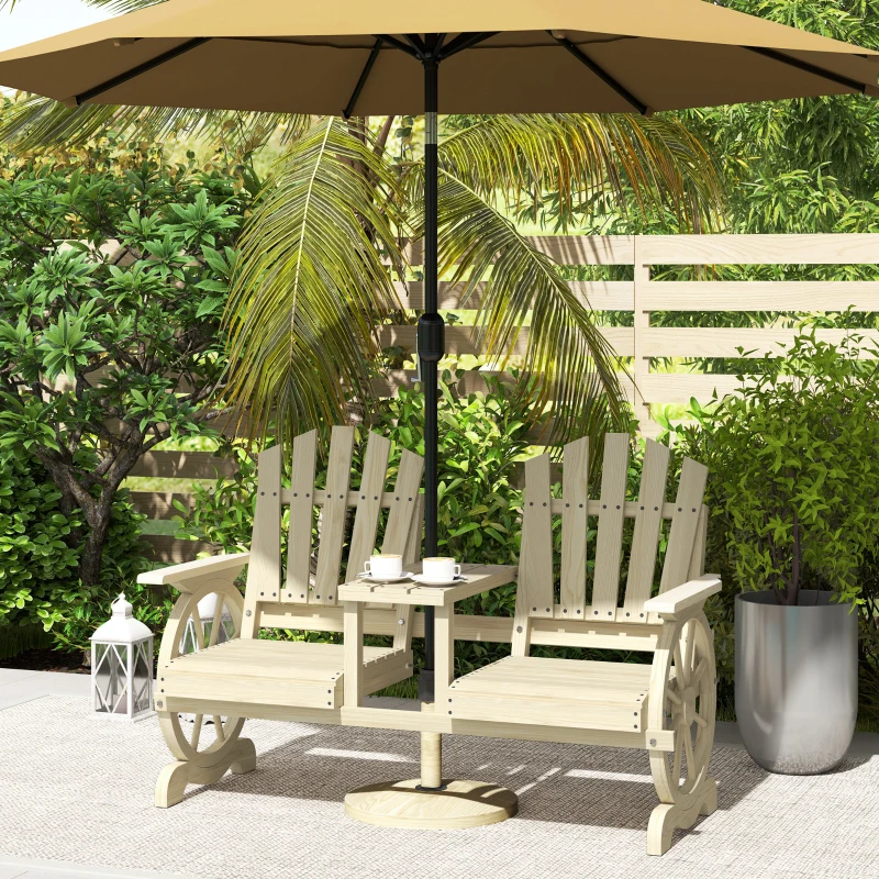 Outsunny 2-Seat Wooden Garden Bench with Table, Umbrella Hole, High Backrest, Armrests for Backyard, Patio, Garden, Natural Wood