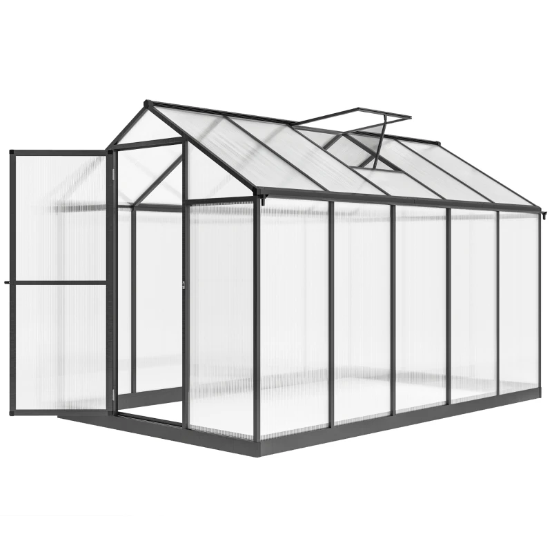 Outsunny 6' x 10' x 6.4' Polycarbonate Greenhouse, Aluminum Walk-In Green House Kit Garden, Plants Grow with Rain Gutter and Roof Vent, Charcoal Grey