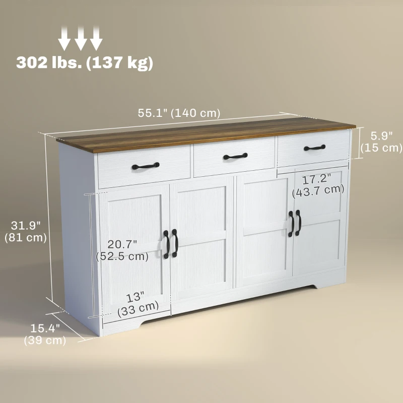HOMCOM Sideboard Buffet Cabinet with Storage, Modern Coffee Bar Cabinet with 3 Drawers and Adjustable Shelves, Distressed White
