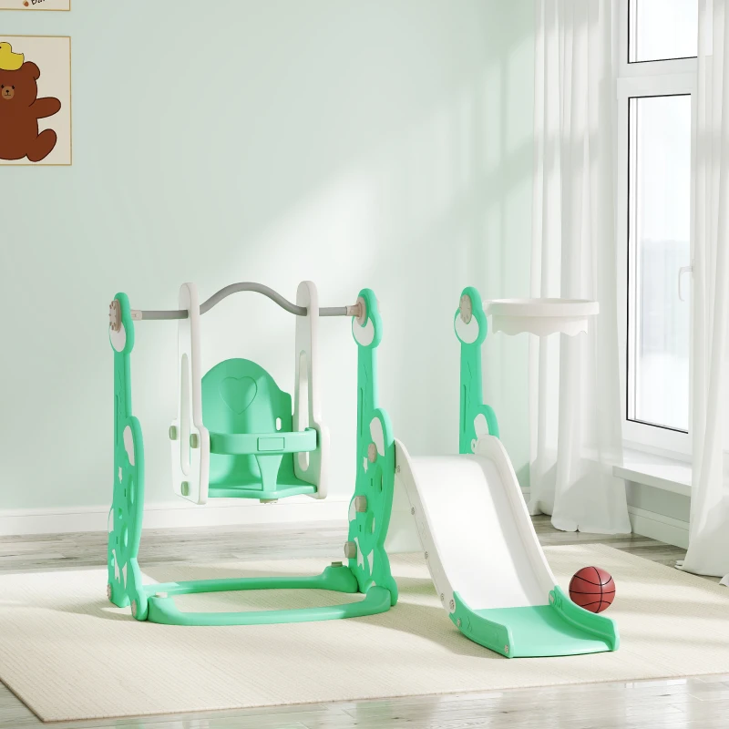 Qaba 4 in 1 Toddler Slide and Swing Set for Ages 1.5-4, Toddler Playset Playground with Climber, Basketball Hoop, Green