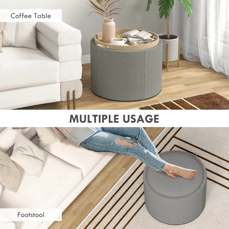 HOMCOM Round Coffee Table, End Table with Hidden Storage and Tray Top, Linen Upholstered Footrest for Living Room