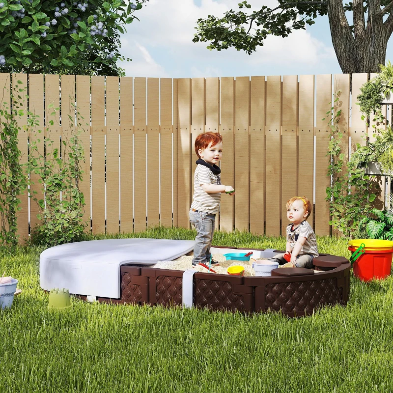 Qaba Kids Sandbox with Cover, 4 Corner Seats, Bottom Liner for Backyard, Garden, Outdoor, 71" x 42" W x 9", Dark Brown