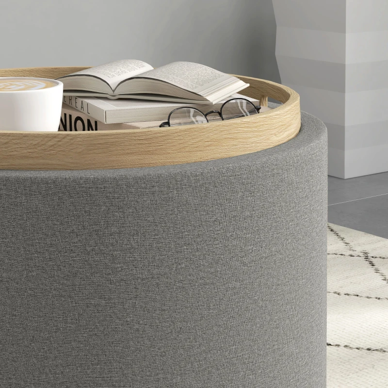 HOMCOM Round Coffee Table, End Table with Hidden Storage and Tray Top, Linen Upholstered Footrest for Living Room