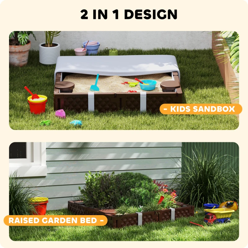 Qaba Kids Sandbox with Cover, 4 Corner Seats, Bottom Liner for Backyard, Garden, Outdoor, 47" x 47" x 9", Dark Brown