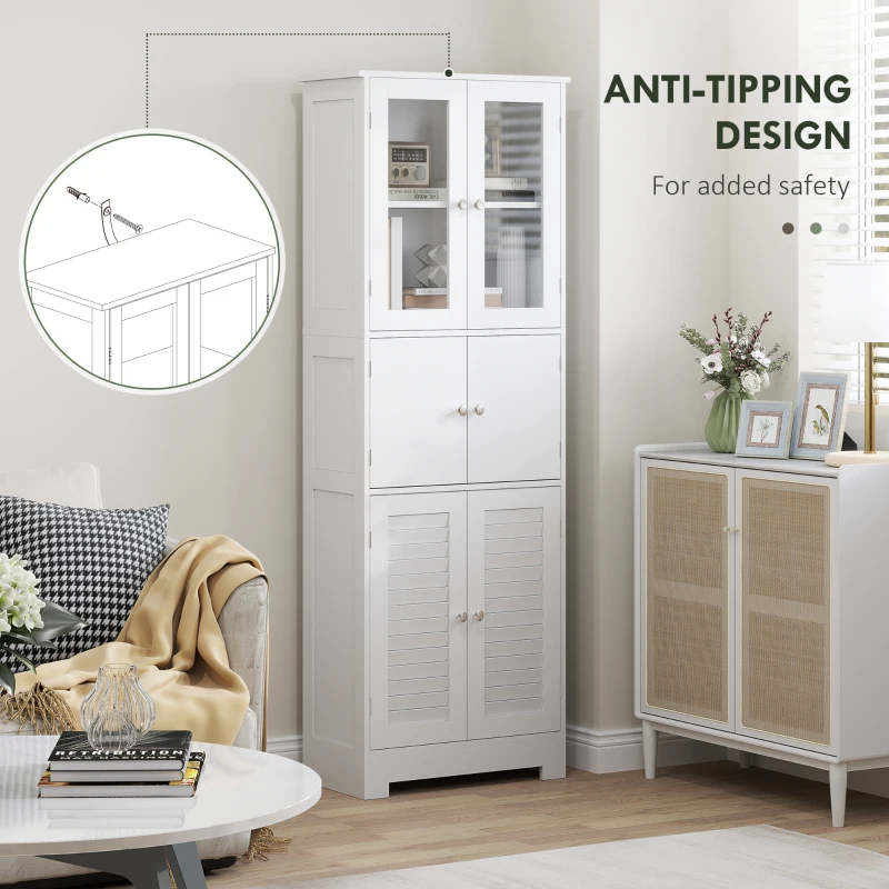 HOMCOM Freestanding Bathroom Cabinet with Glass/Louvred Doors, Tall Bathroom Storage Cabinet with Adjustable Shelf, White