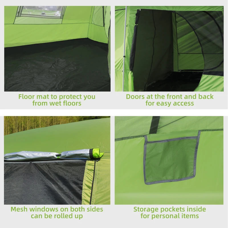 Outsunny Tunnel Tent Camping Shelter w/ Porch, Two Rooms, Lamp Hook, Portable Carry Bag, Green