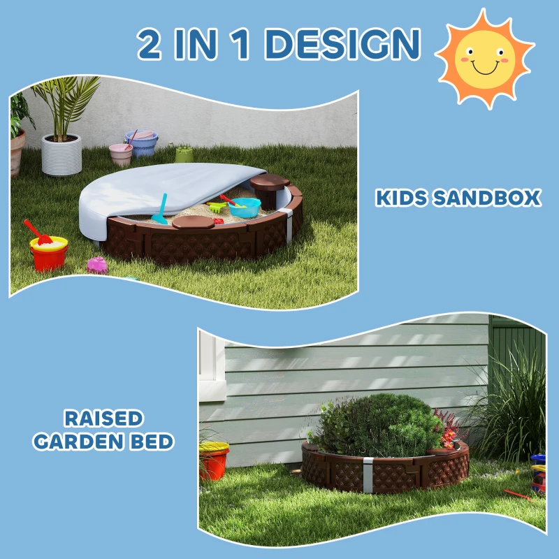 Qaba 47" Round Kids Sandbox with Cover, 3 Seats, Waterproof Bottom Liner, for Backyard, Lawn, Garden, Beach, Patio, Brown