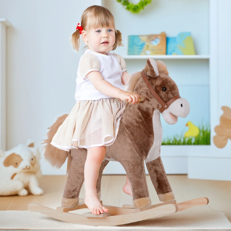 Qaba Kids Rocking Horse with Soft Plush Body, Wooden Base & Handle Grip for Years 3+