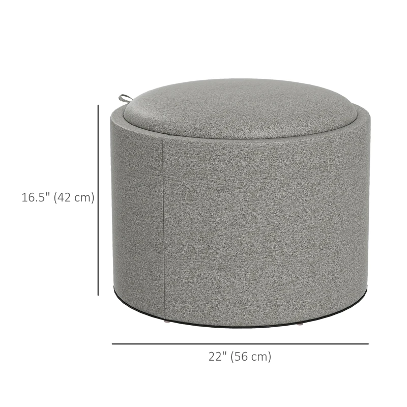 HOMCOM Round Coffee Table, End Table with Hidden Storage and Tray Top, Linen Upholstered Footrest for Living Room