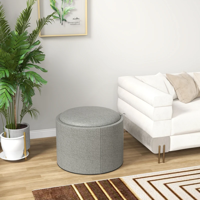 HOMCOM Round Coffee Table, End Table with Hidden Storage and Tray Top, Linen Upholstered Footrest for Living Room