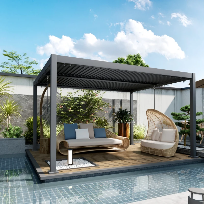 Outsunny 10' x 12' Louvered Pergola with Adjustable Metal Roof and Aluminum Frame, Outdoor Hardtop Gazebo with Drainage System