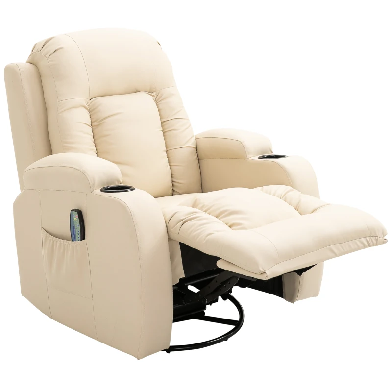 HOMCOM Vibration Massage Recliner Chair for Living Room with Heat,  Swivel Single Sofa, Modern PU Leather Manual Reclining Chair with Footrest, Cream White