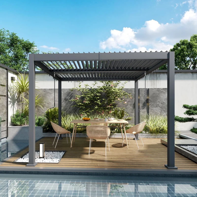 Outsunny 10' x 10' Louvered Pergola with Adjustable Metal Roof and Aluminum Frame, Outdoor Hardtop Gazebo with Drainage System