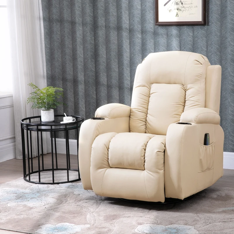 HOMCOM Vibration Massage Recliner Chair for Living Room with Heat,  Swivel Single Sofa, Modern PU Leather Manual Reclining Chair with Footrest, Cream White