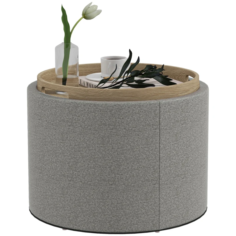 HOMCOM Round Coffee Table, End Table with Hidden Storage and Tray Top, Linen Upholstered Footrest for Living Room