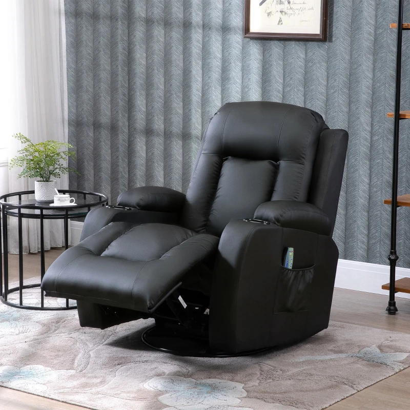 HOMCOM Vibration Massage Recliner Chair for Living Room with Heat,  Swivel Single Sofa, Modern PU Leather Manual Reclining Chair with Footrest, Black