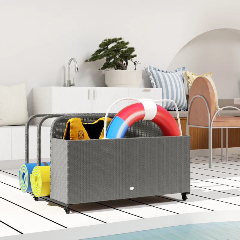 Outsunny PE Rattan Pool Float Storage Organizer with Wheels, Mixed Gray