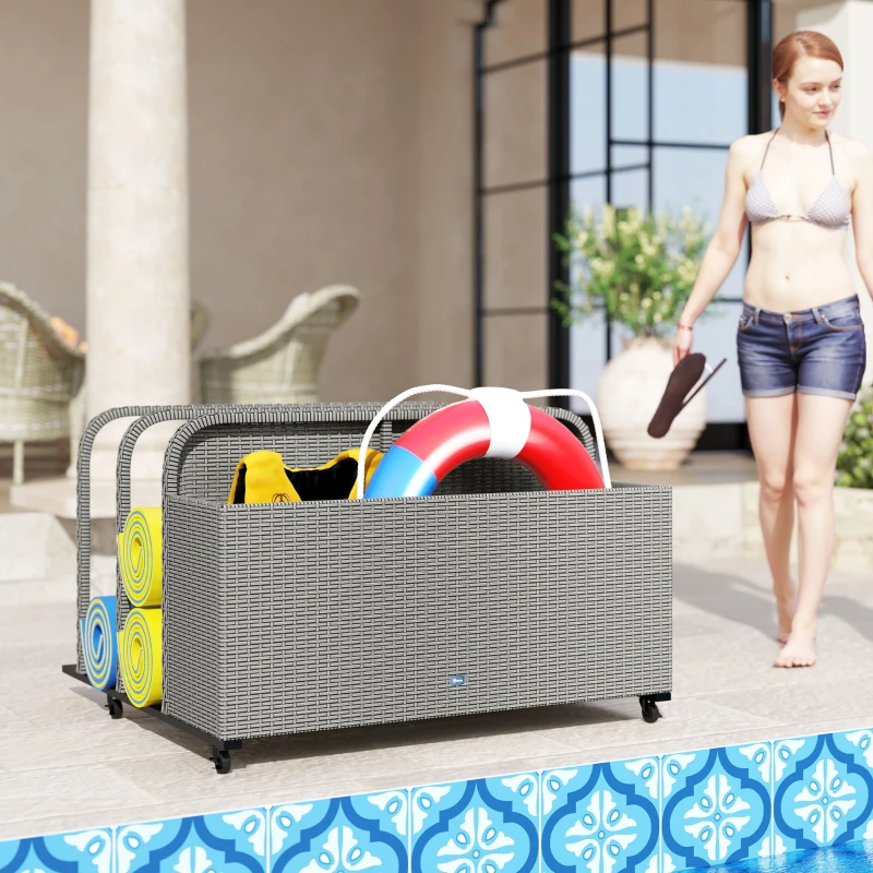 Outsunny PE Rattan Pool Float Storage Organizer with Wheels, Mixed Gray