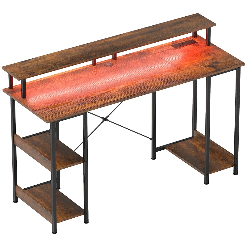 HOMCOM Computer Desk with Storage, 55" Reversible Computer Table with Power Outlets and LED Lights, Rustic Brown