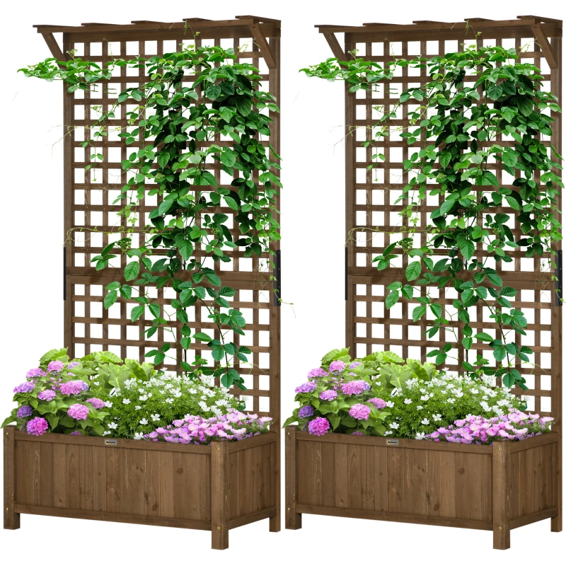 Outsunny Wood Planter with Trellis for Vine Climbing, Raised Garden Bed, Privacy Screen for Backyard, Patio, Deck, Coffee