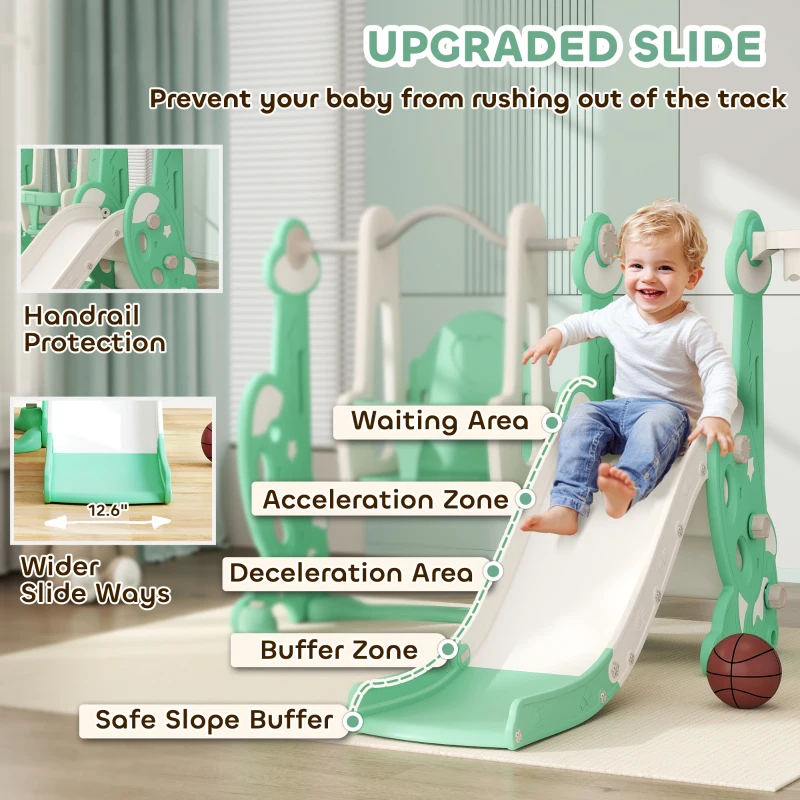Qaba 4 in 1 Toddler Slide and Swing Set for Ages 1.5-4, Toddler Playset Playground with Climber, Basketball Hoop, Green
