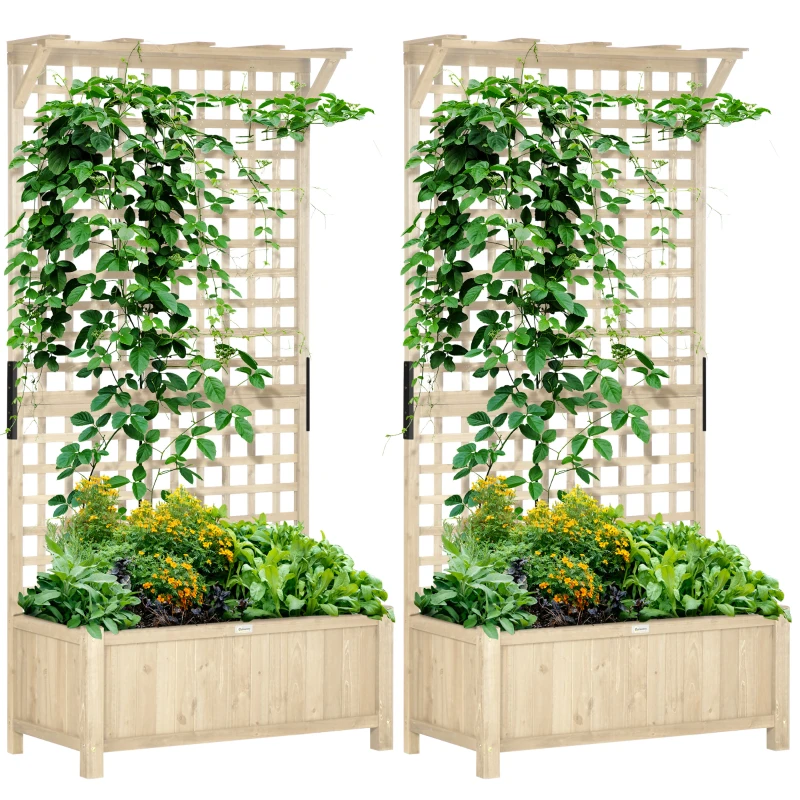 Outsunny Wood Planter with Trellis for Vine Climbing, Raised Garden Bed, Privacy Screen for Backyard, Patio, Deck, Natural Wood