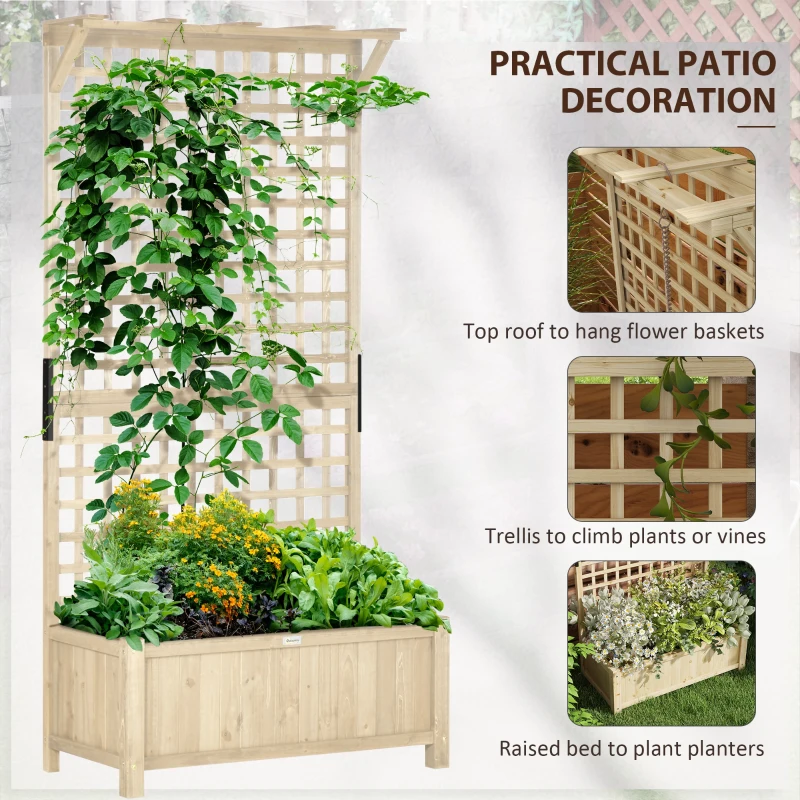 Outsunny Wood Planter with Trellis for Vine Climbing, Raised Garden Bed, Privacy Screen for Backyard, Patio, Deck, Natural Wood
