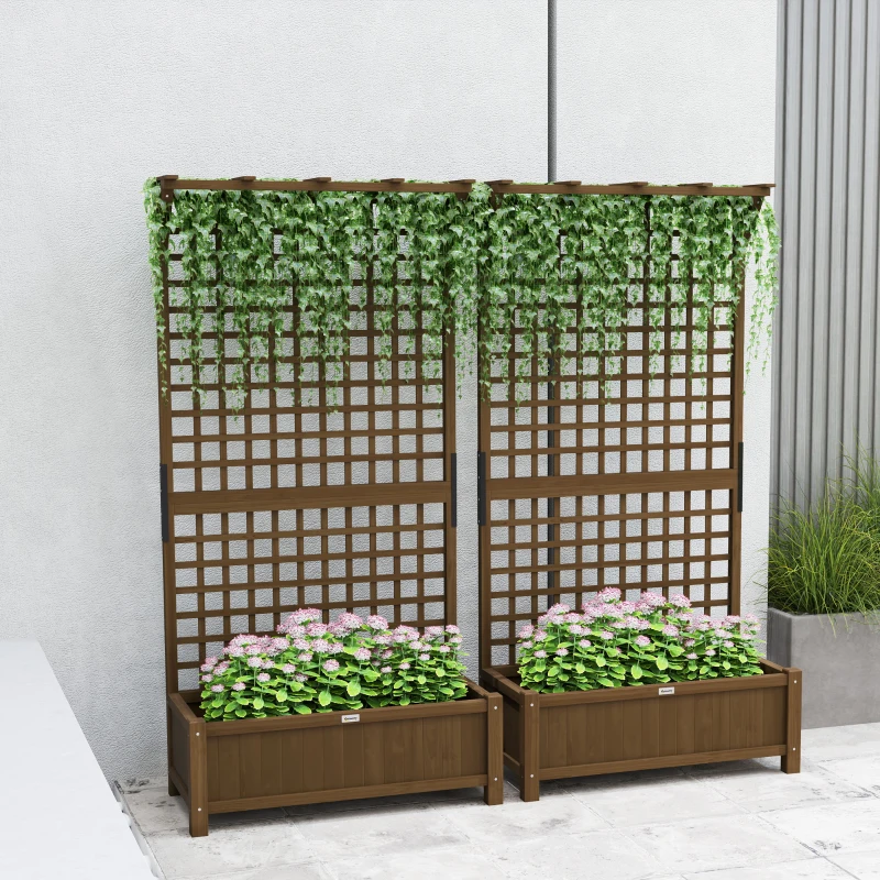 Outsunny Wood Planter with Trellis for Vine Climbing, Raised Garden Bed, Privacy Screen for Backyard, Patio, Deck, Coffee