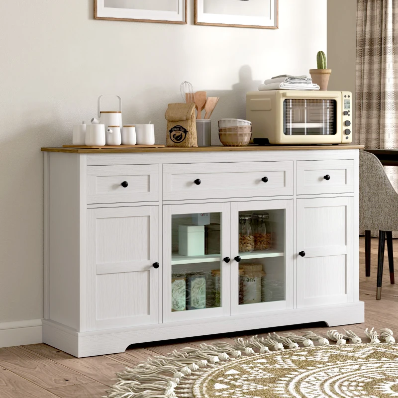 HOMCOM Sideboard Buffet Cabinet with Storage, Coffee Bar Cabinet with Glass Doors and Adjustable Shelves, Distressed White