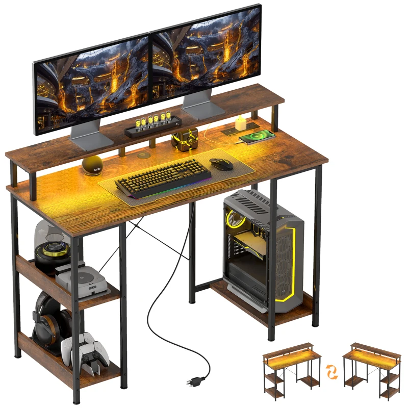HOMCOM Computer Desk with Storage, 47" Reversible Computer Table with Power Outlets and LED Lights, Rustic Brown