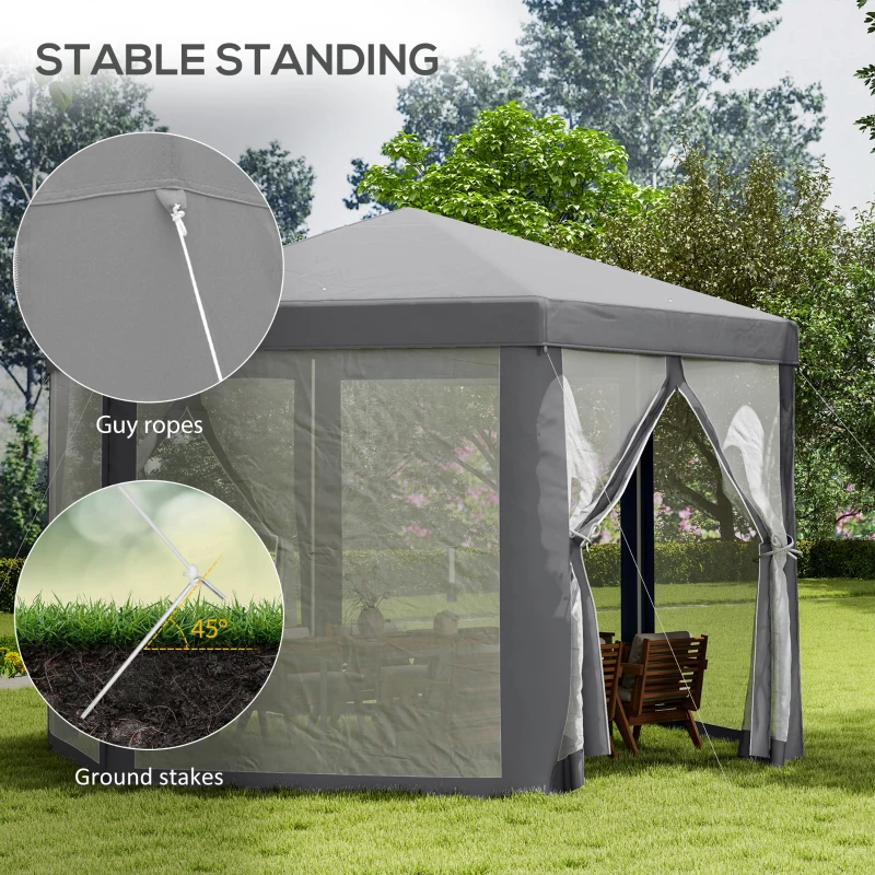 Outsunny Hexagon Party Tent, Patio Gazebo with Netting Mesh, Dark Grey
