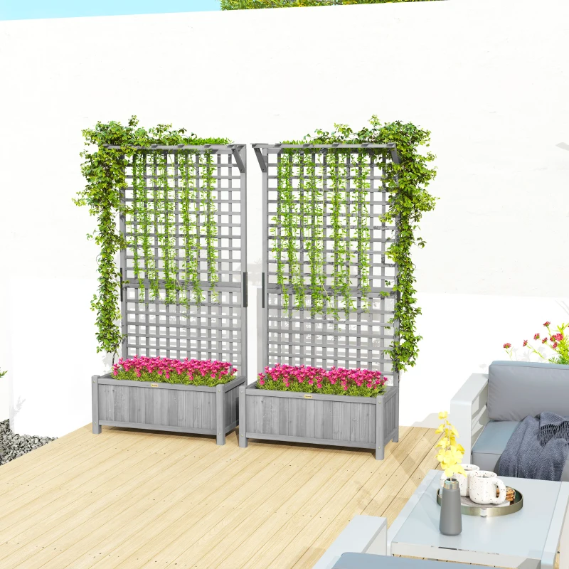 Outsunny Wood Planter with Trellis for Vine Climbing, Raised Garden Bed, Privacy Screen for Backyard, Patio, Deck, Dark Grey