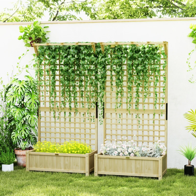 Outsunny Wood Planter with Trellis for Vine Climbing, Raised Garden Bed, Privacy Screen for Backyard, Patio, Deck, Natural Wood