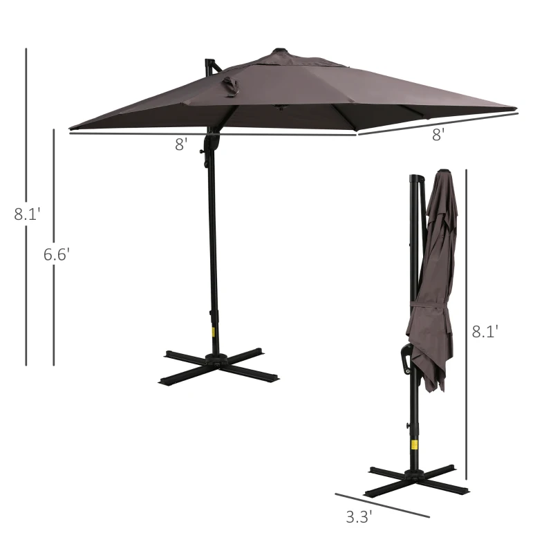 Outsunny 8'x8' Square Patio Hanging Offset Umbrella, Outdoor Cantilever Parasol w/ Cross Base, Light Brown